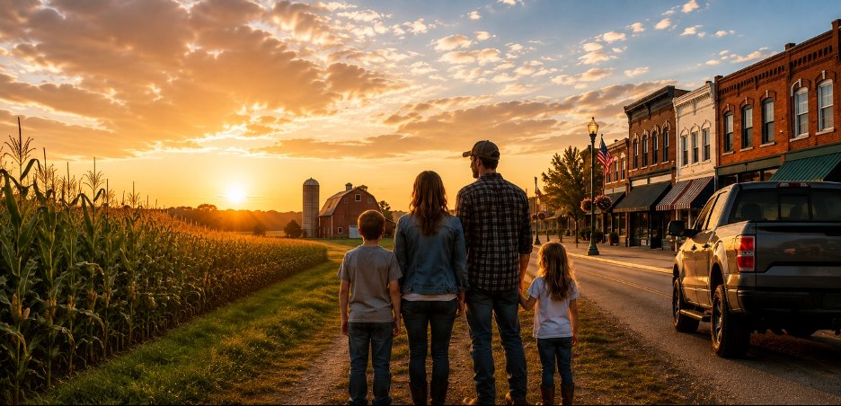 Rural Indiana Main Street at Sunset